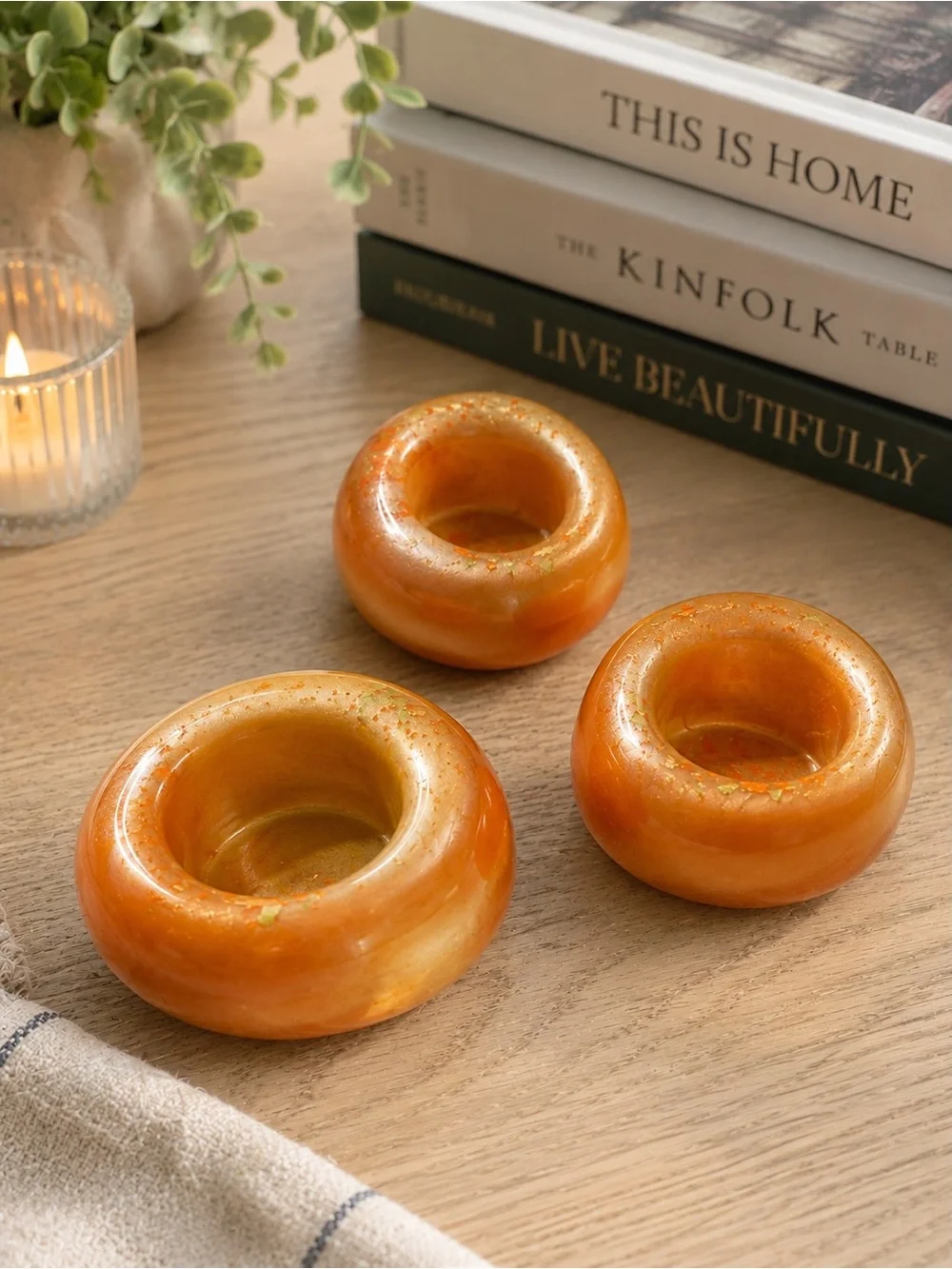 Handcrafted Amber Gold Ceramic Tea Light Holders - Set of 3